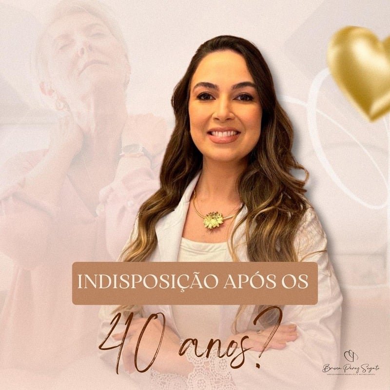 Post para médica Bruna Perez sobre indisposição após os 40 anos, em tons rosé e dourado