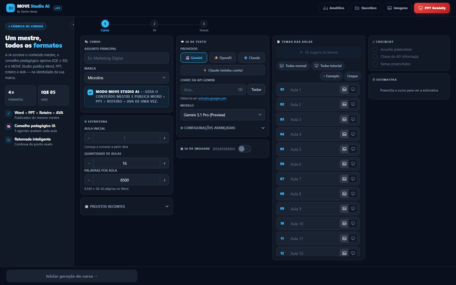 Interface real do MOVE Studio AI: formulário de briefing do curso, provedores de IA e lista de temas das aulas