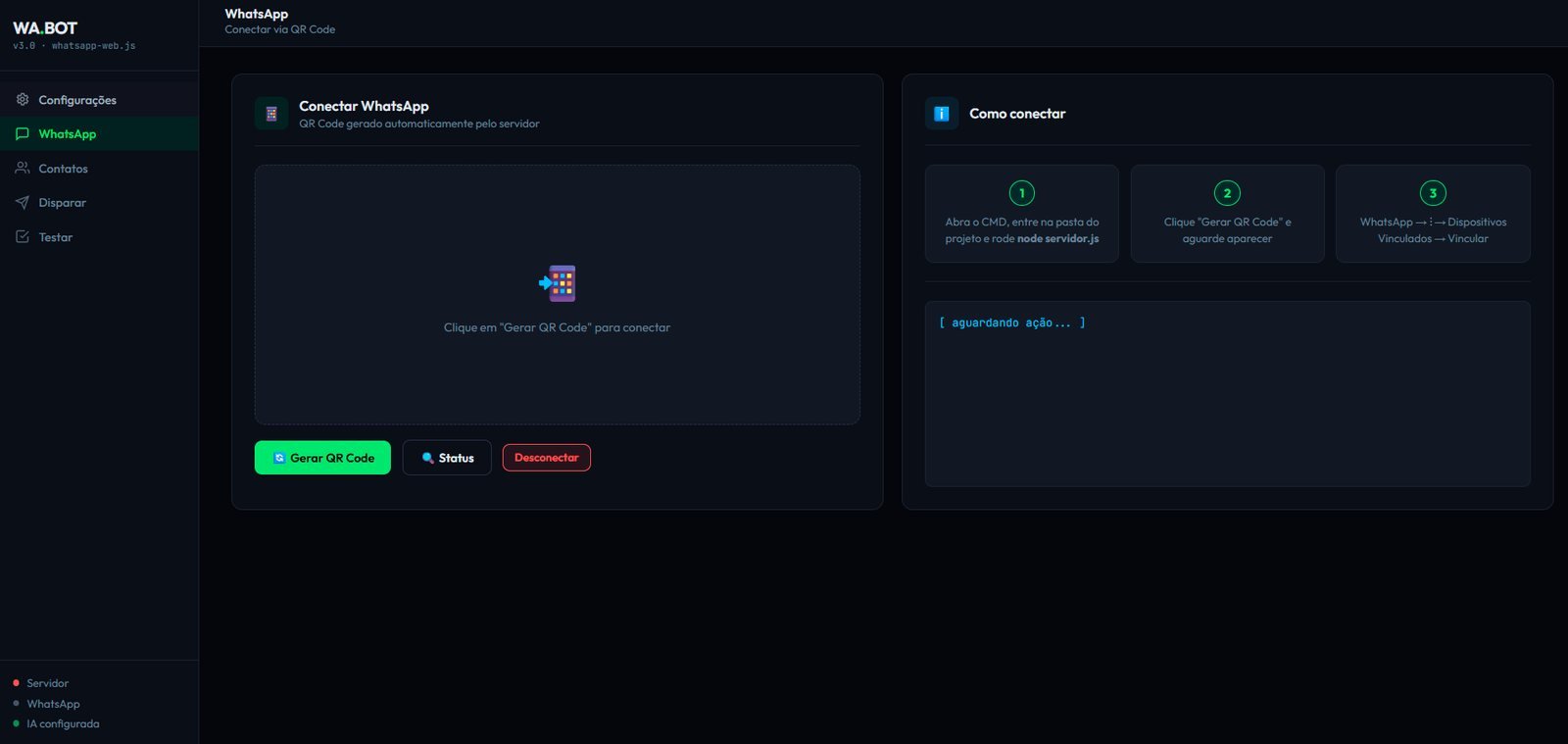 Tela de conexão do WA Bot: geração de QR Code, status do servidor e passo a passo para vincular o WhatsApp